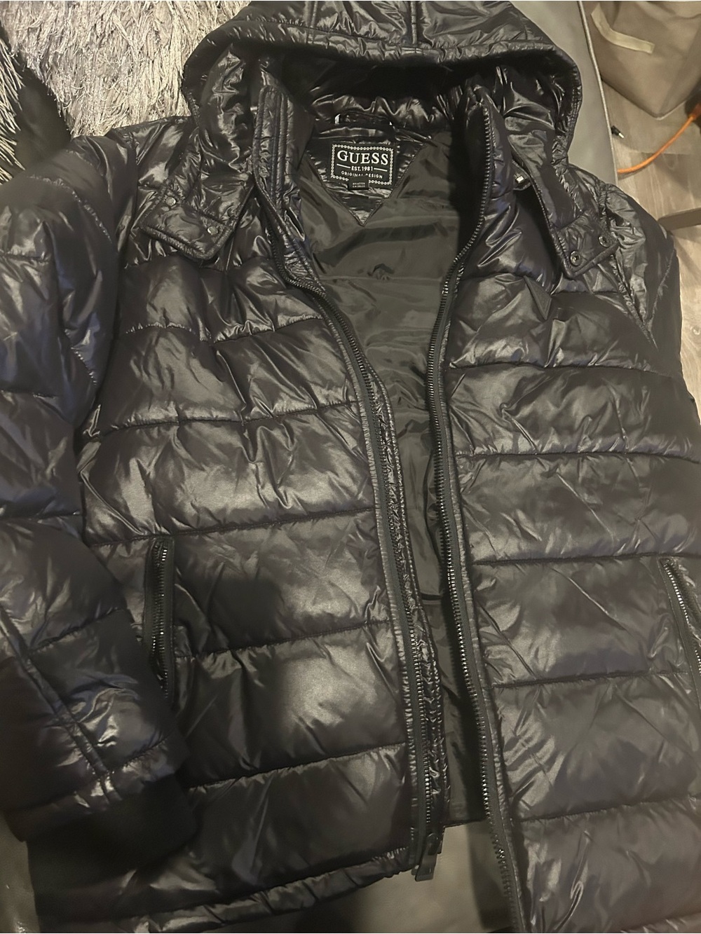 GUESS Black Quilted Hooded Puffer Jacket